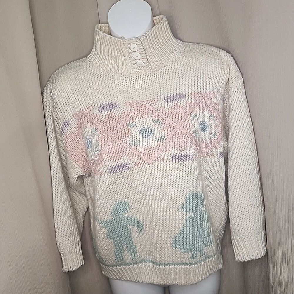 Sweater JJ Fargo Spring Flowers Kids Handknit Pastel Button Neck Med Vintage 80s